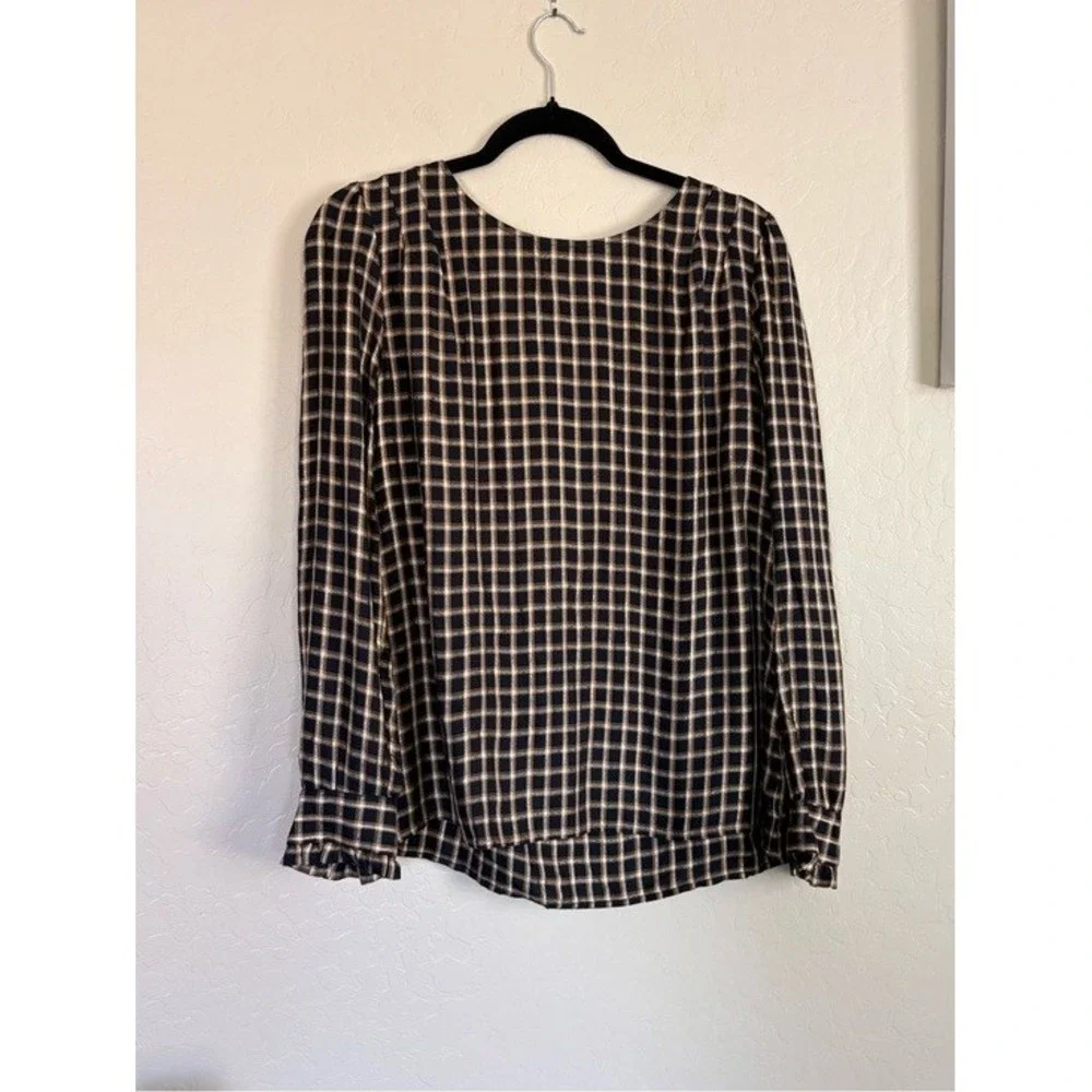 LOFT Plaid Blouse Women Size M Black Excellent Metallic Puff Sleeve Ruffle